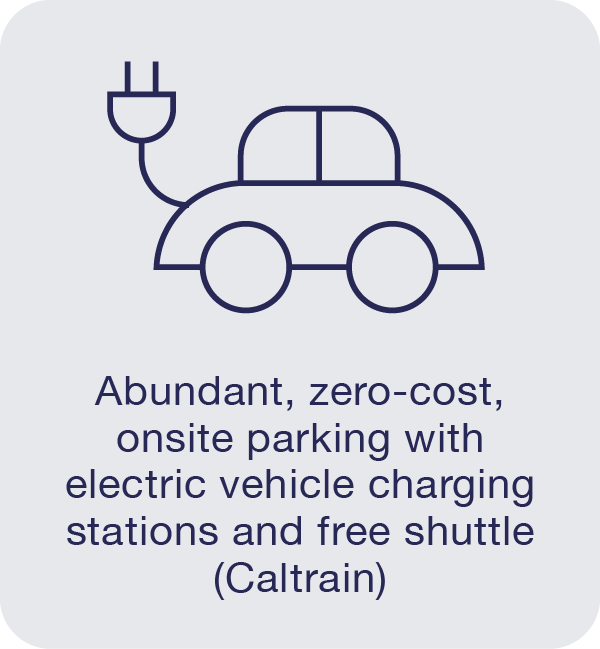 Abundant, zero-cost, onsite parking with electric vehicle charging stations and free shuttle (Caltrain)